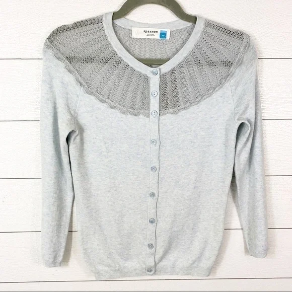 𝅺SPARROW Anthropologie Shimmer Fan Cardigan Sweater Button Blue XS - Picture 2 of 11